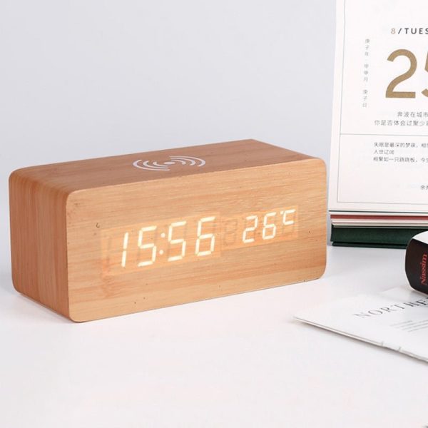 Electronics Wooden Electric Alarm Clock with Wireless Charging Pad - Living Simply House
